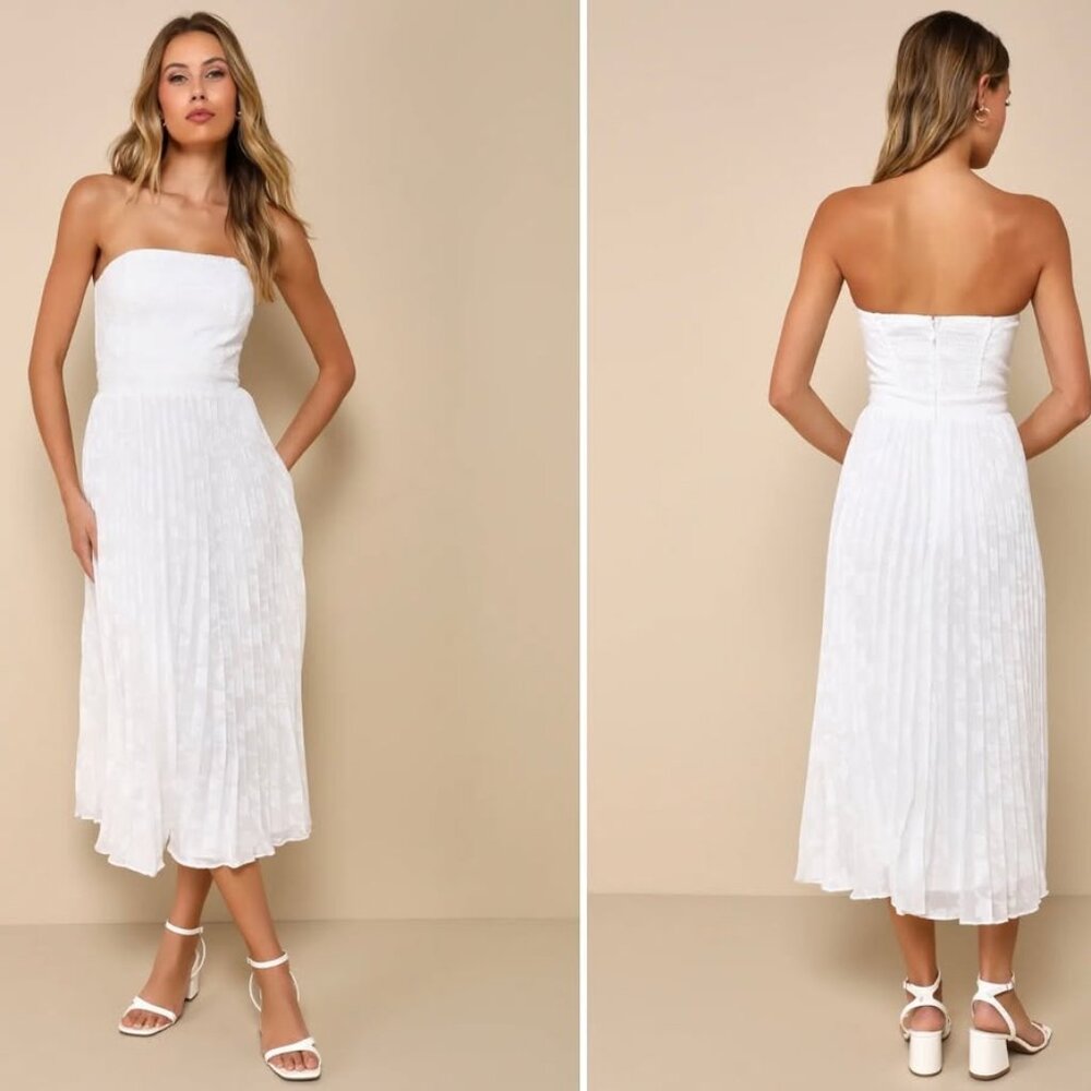 Ivory Jacquard Strapless Floral Midi Pleated Wedding Dress | Bridal Scarf | S